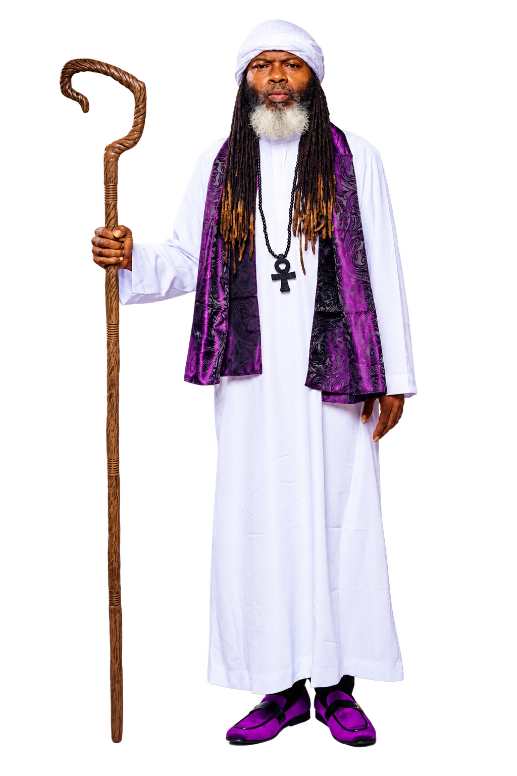 Full-length portrait of CITYSLIC THE OG in white and purple, with his entire wooden staff visible